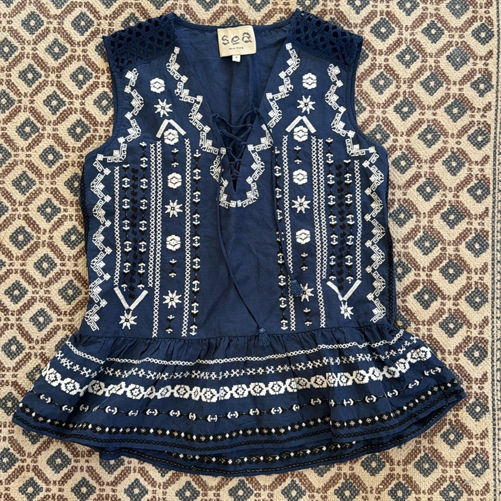 Sea New York Blue Embroidered Top